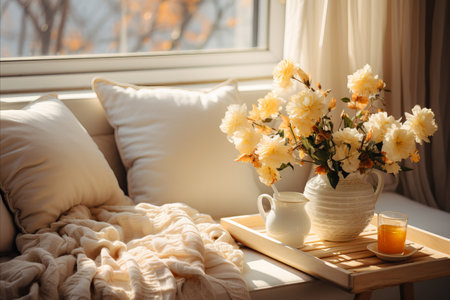 Cozy room interior with sofa, blanket, pillows, flowers and tea cup in sunny daylightの素材