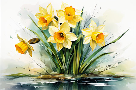 Daffodil flowers with green leaves against the background of spring meltwater. Close-upの素材
