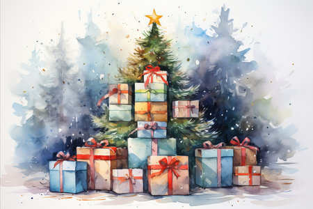 Christmas tree with toys and gifts, snow and garlandsの素材