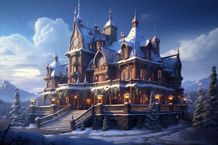 Snow Covered Christmas House with Decorative Garlands and Sparkling New Year Lightsの素材
