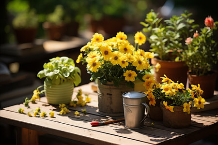 Yellow flower seedlings and garden items on a wooden tableの素材