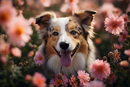 Cheerful red dog among pink flowersの素材