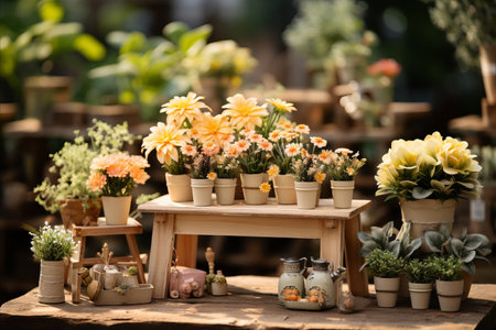 Yellow flower seedlings and garden items on a wooden tableの素材
