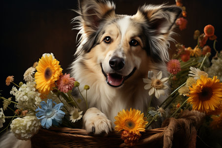 Australian shepherd with flowers in a basket on a dark background. Studio shot.の素材