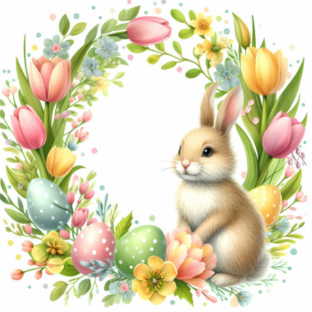 Easter bunny in an Easter frame made of eggs and flowersの素材