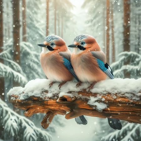 Two jay birds sitting on a branch in a snowy forestの素材