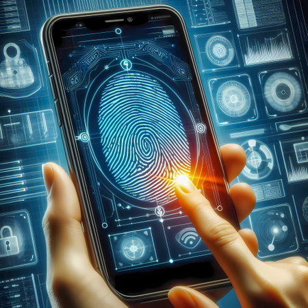 Fingerprint scan provides security access with biometrics identification. Business Technology Safety Internetの素材