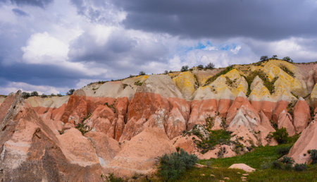 Martian landscape in Cappadocia, unique relief of mountains painted in yellow and pink colorsの写真素材