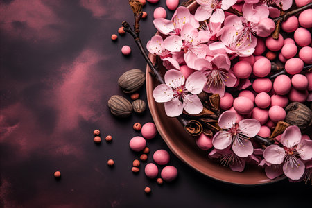 Easter composition with pink flowers and pink eggs. Flat layの素材