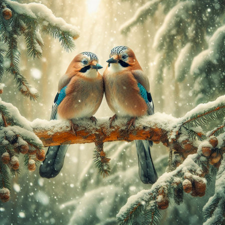 Two jay birds sitting on a branch in a snowy forestの素材