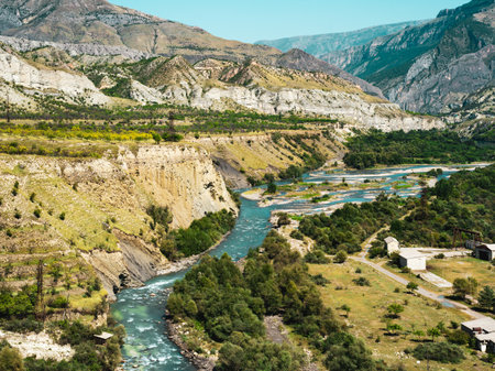 Beautiful landscape with mountains, valley and river on an autumn day. Russia, Dagestanの写真素材
