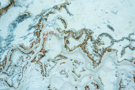 Textured background of abstract shape limestone deposits of travertine Pamukkale. Top view.の写真素材