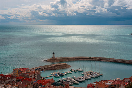 The beautiful aerial view with yachts on Lustica bay Montenegro