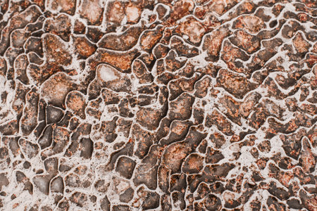 Textured background of abstract shape limestone deposits of travertine Pamukkale. Top view.