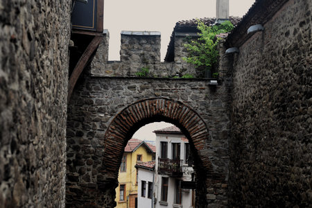Views of a street in the old town of Plovdiv, Bulgaria.の写真素材