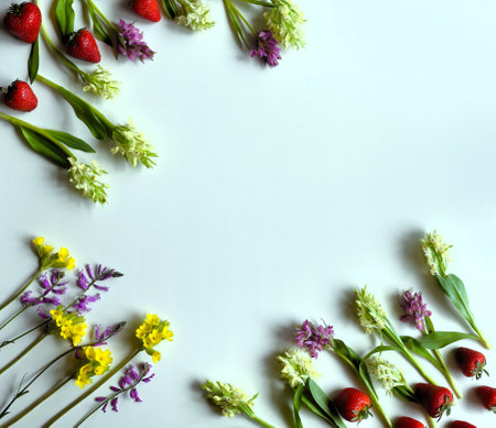 Frame of spring wild flowers and strawberriesの写真素材