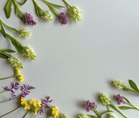 Frame of spring wild flowers on whiteの写真素材