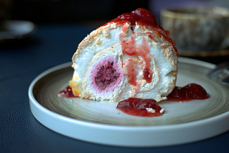 Sweet dessert meringue cake with strawberry jamの写真素材