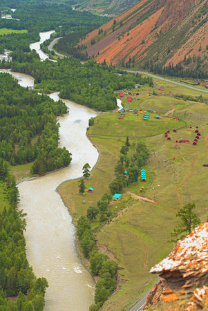 Camping in the Chuya River Valley in the Altai Mountainsの写真素材