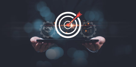 businessman showing business goal setting concept,Target Growth development planning,Organizational growth and objectives , marketing strategy planning,improving business objectives ,business partnerの写真素材