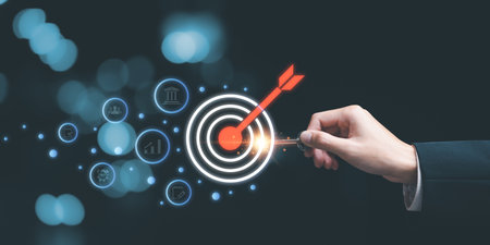 businessman showing business goal setting concept ,focused concepts , Target Growth development planning ,Organizational growth and objectives , marketing strategy planning ,Target customersの写真素材