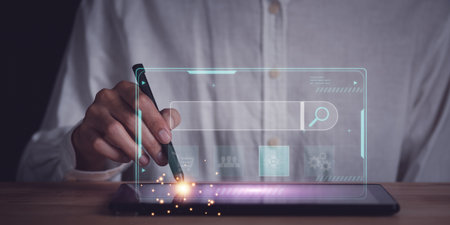 Searching for information of interest through online websites ,keyword search ideas to find references ,insight research ,Search bar on virtual screen,Search Engine Optimization,SEO Networking Conceptの写真素材