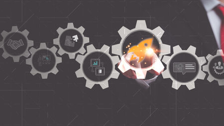 New business startups for young entrepreneurs, new business development ideas, creativity to bring technology to the next level, innovative solutions to new problems, brainstorming for future visionsの写真素材