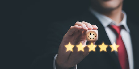Male consumers opinion, and rated their satisfaction ,evaluation business success ,Customer Experience Survey Concepts ,Online ratings and reviews ,Quality Assessment ,showing feedback from customersの写真素材