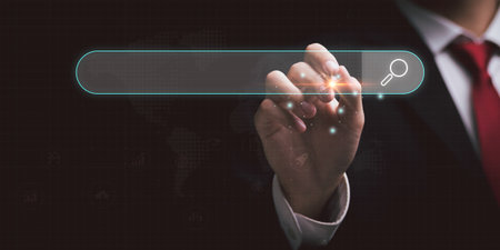 Searching for information of interest through online websites ,keyword search ideas to find references ,insight research ,Search bar on virtual screen,Search Engine Optimization,SEO Networking Conceptの写真素材