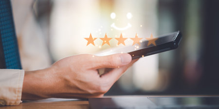 The concept of positive feedback from customers ,positive marketing ,Guaranteed by customers online ,Customer Guarantee ,Excellence in service ,excellent survey ,evaluation business successの写真素材