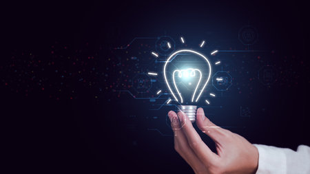 Businessman showing creative ideas in his hands ,creative thinking ,ideas and innovation ,Development of innovations and inventions with the mechanical brain ,Finding Creativity and Inspirationの写真素材