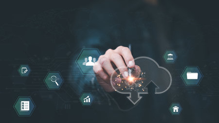 cloud computing backup technology concept,Access to server communication services,database connection with modern hardware and software ,interface for uploading and downloading data ,cloud technologyの写真素材