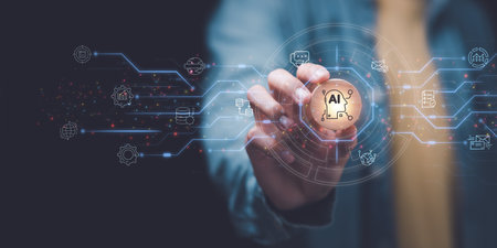 Businessman showing concept, connection,innovation development and artifacts too artificial intelligence ,AI , ideas and innovation ,Finding new solutions to solve business problems ,modern businessの写真素材