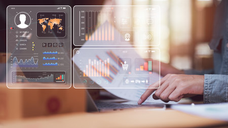 small business entrepreneur reading graph report and business statistics charts ,Analysis and management of financial and marketing documents ,Statistics and Data Concepts ,business growth graphの写真素材