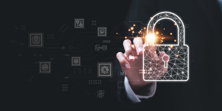 Businessman showing data access protection with key icon ,safety technology ,Data protection and privacy with encryption ,Protecting data from theft ,cyber security ,Authentication to unlockの写真素材