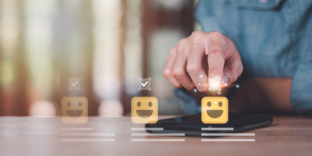 Male consumers opinion, and rated their satisfaction ,evaluation business success ,Customer Experience Survey Concepts ,Online ratings and reviews ,Quality Assessment ,showing feedback from customersの写真素材