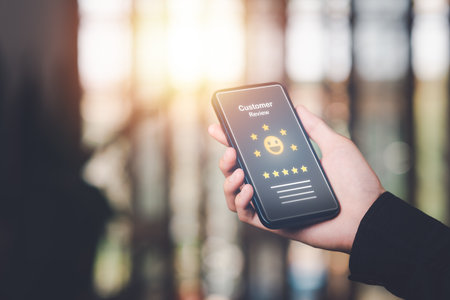 Male consumers opinion, and rated their satisfaction ,evaluation business success ,Customer Experience Survey Concepts ,Online ratings and reviews ,Quality Assessment ,showing feedback from customersの写真素材