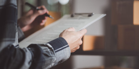 Entrepreneurs Check Stock ,operator makes mark on the survey topic ,Physical inventory count ,assistant checking stock in factory ,Inspecting goods for delivery ,order management in online storesの写真素材