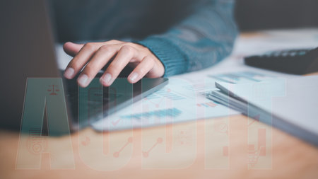 Office worker inspect with documents , pre-approval quality assessment ,business accounting documents ,auditor ,management and auditing of office documents ,Reports for Tax Time Analysisの写真素材