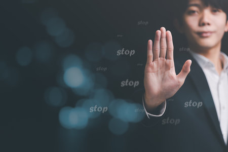 man hand stop sign, warning concept, refusal, caution, symbolic communication, preventing subsequent problems,Help Prevent Piracy, Stop Violence,Warning gestures to stop and check safetyの写真素材