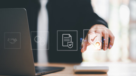 Industry Certification, Guarantee, business insurance ,product Certification Management,best quality assurance concept for product assurance, standard quality, ISO,Businessman and virtual iconの写真素材