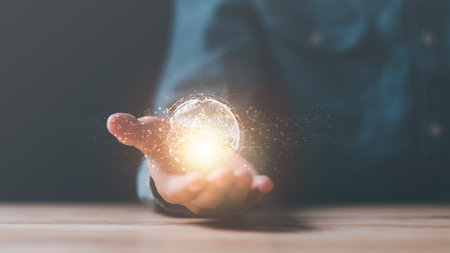 a man and virtual icon,modern cyberspace network technology concept,to communicate and connect information through a global society,innovative and scientific ideas,working through high speed internetの写真素材