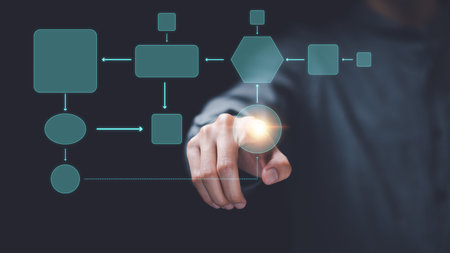 Businessman showing business process and workflow with virtual flowchart,planning and setting corporate growth goals ,Business Process Optimization ,Business solutions ,success strategy stepsの写真素材