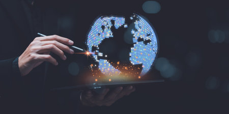 modern cyberspace network technology concept,to communicate and connect information through a global...