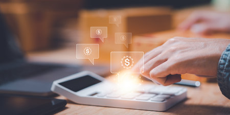 entrepreneurs use calculator to calculate documents, profit and loss statement review concept of...