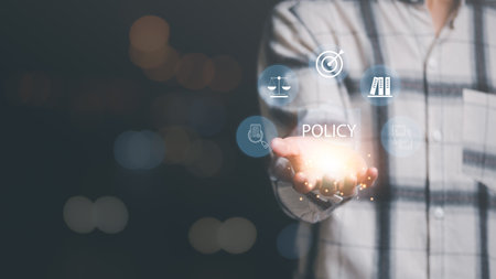 Businessman showing online document validation icon, Concepts of practices and policies, company articles of association Terms and Conditions, regulations and legal advice, corporate policyの写真素材