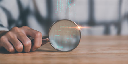 man holding a magnifying glass, Searching and browsing the Internet, Search engine optimization, SEO , technology searching for information around the world, access to information on the internetの写真素材