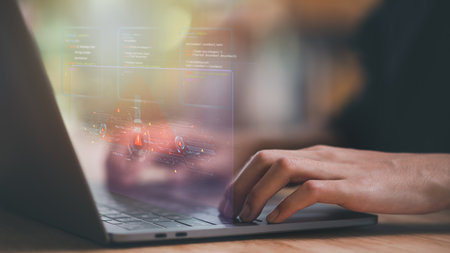 Programmer and virtual icons , exclamation mark ,alarm,computer virus detected ,danger warning concept or information error that should be urgently fixed and repaired ,Notification of security issuesの写真素材