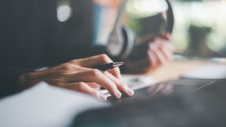 business accounting documents,auditor,management and auditing of office documents,Reports for Tax Time Analysis,office worker working with documents at home office desk,work at homeの写真素材