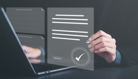 a man reviewing and managing business documents and agreements online,signing a business contract approval of contract documents confirmation or warranty certificate,employment idea, project reviewの写真素材